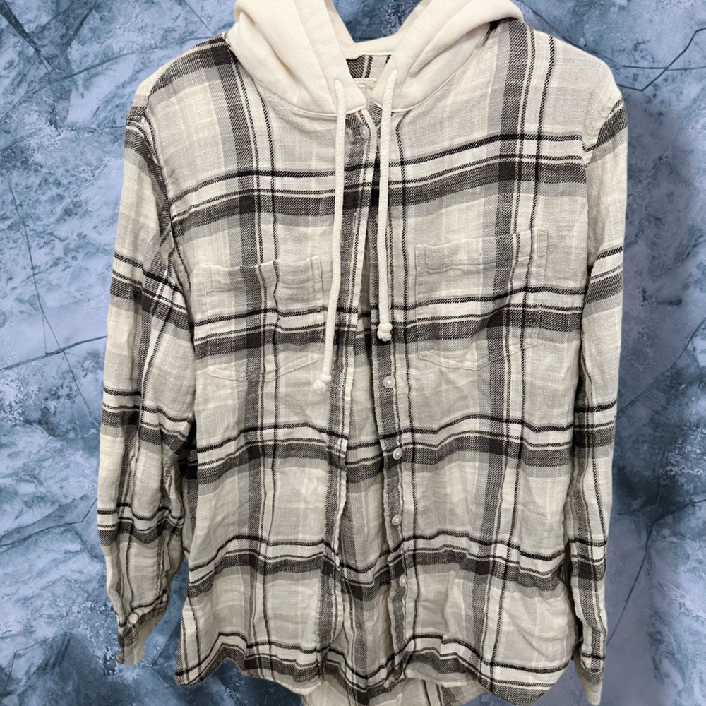 American‎ Eagle Hooded Flannel Shirt Jacket XS Gray Plaid